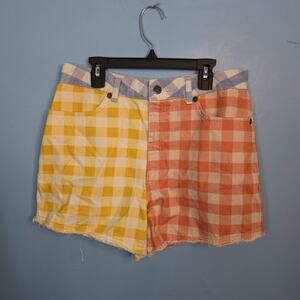 NWOT Medium $120 Farm Rio Gingham Checkered Yellow Red Blue Cutoff Cotton Shorts